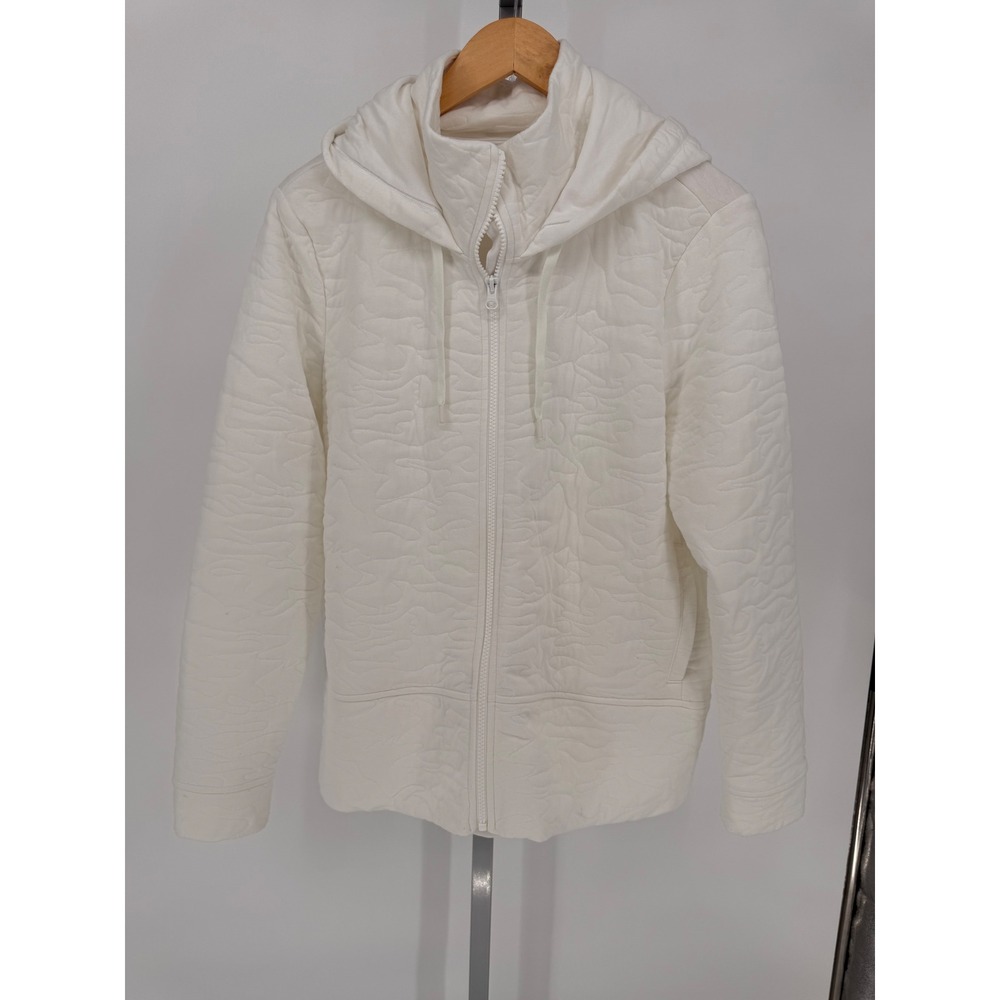 DSG Women Quilted Zip Up Hoodie White Textured Abstract Print Size L‎